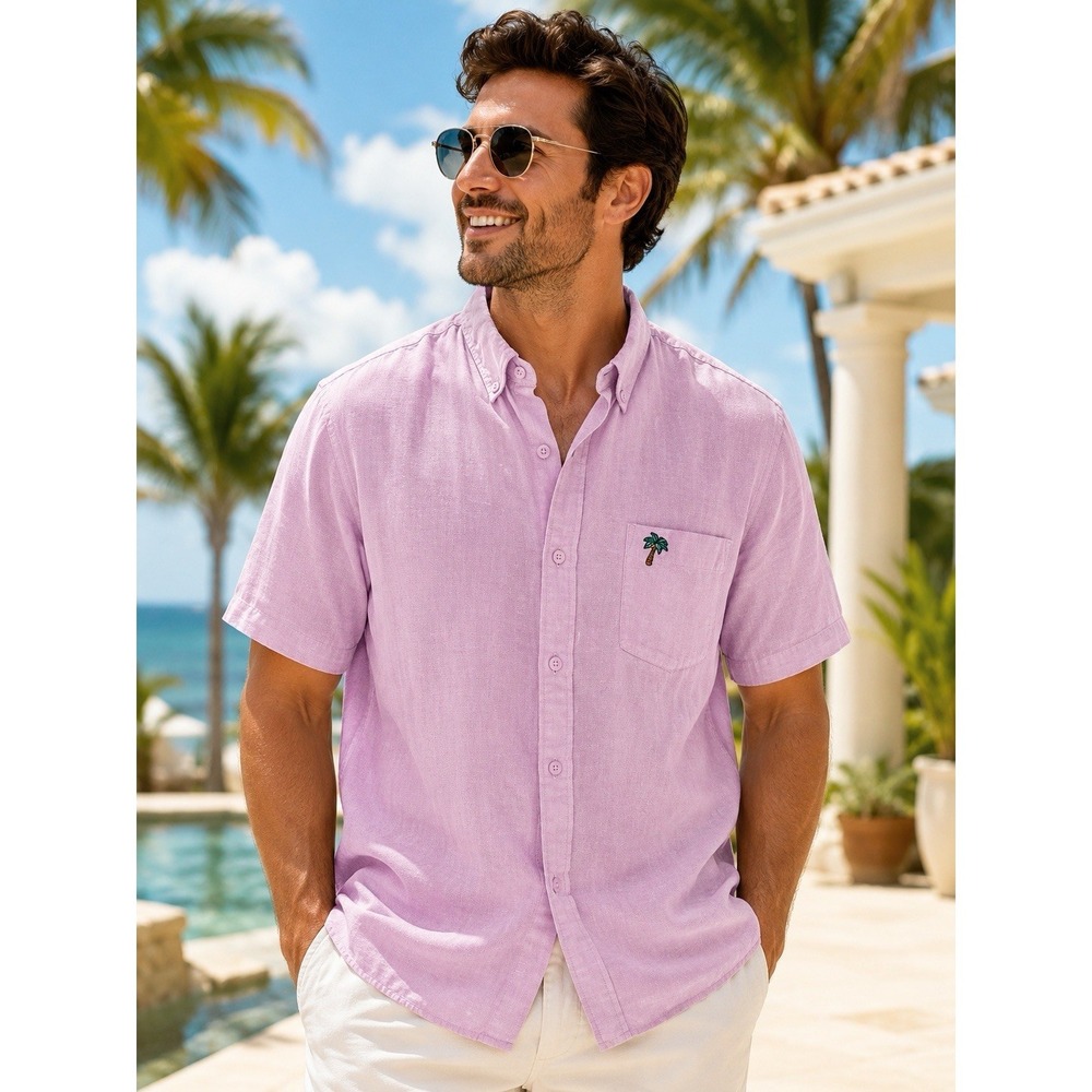 Artistry In Motion Linen Blend Shirt Mens Large Pink Palm‎ Tree Beach Resort